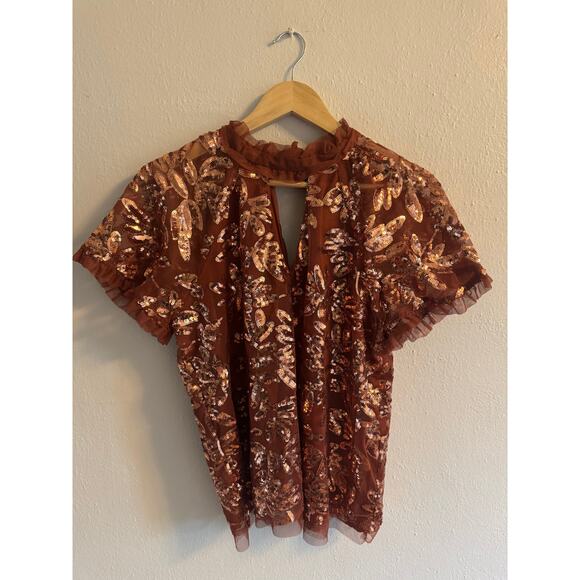 Anthropologie Tops - Anthropologie brown sequin ruffle blouse